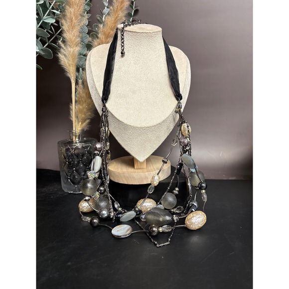 Chico's Jewelry - Chico's Layered Black Ribbon Statement Necklace | Gunmetal Beads + Faux Pearl